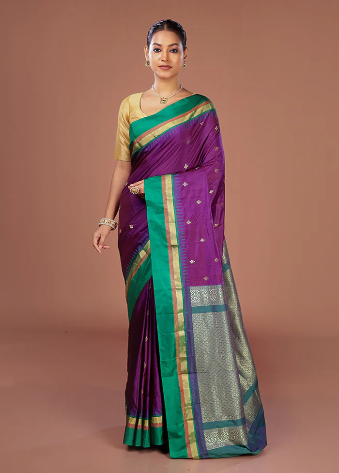Purple Kanjivaram Silk Saree With Blouse Piece - Image 2