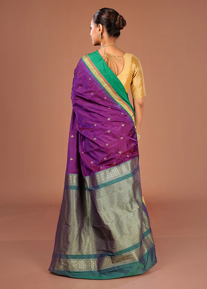 Purple Kanjivaram Silk Saree With Blouse Piece - Image 3
