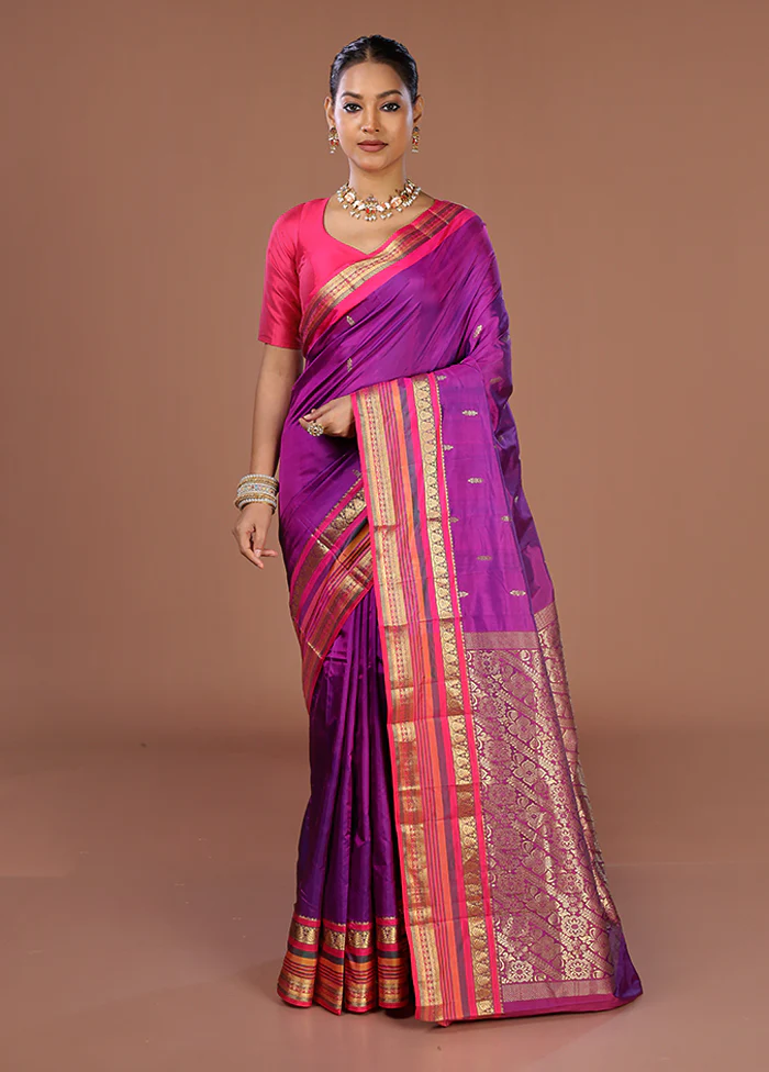 Purple Kanjivaram Silk Saree With Blouse Piece - Image 2