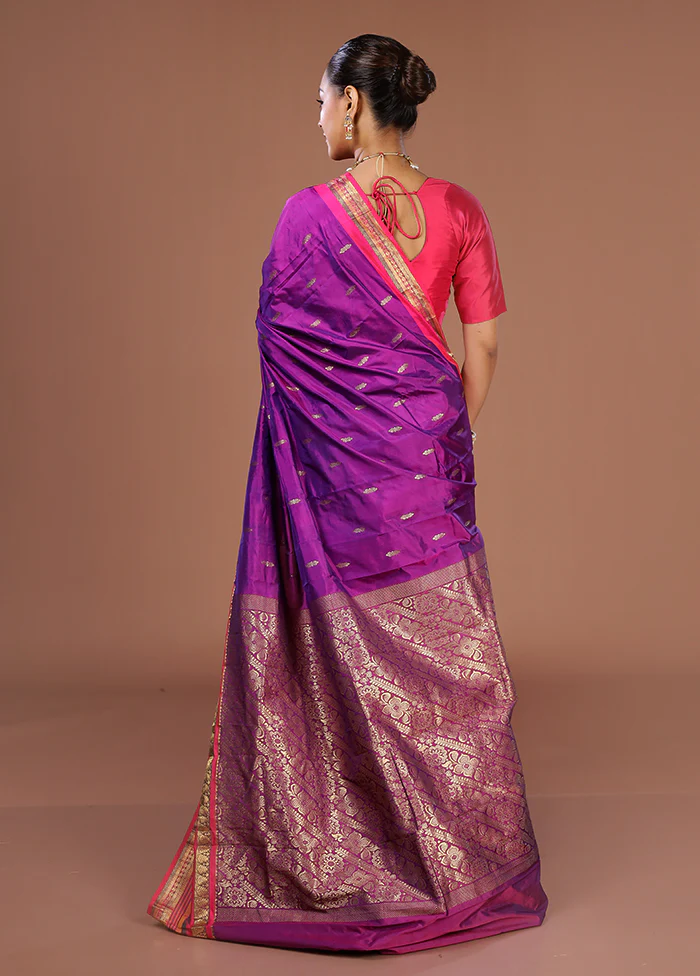 Purple Kanjivaram Silk Saree With Blouse Piece - Image 3