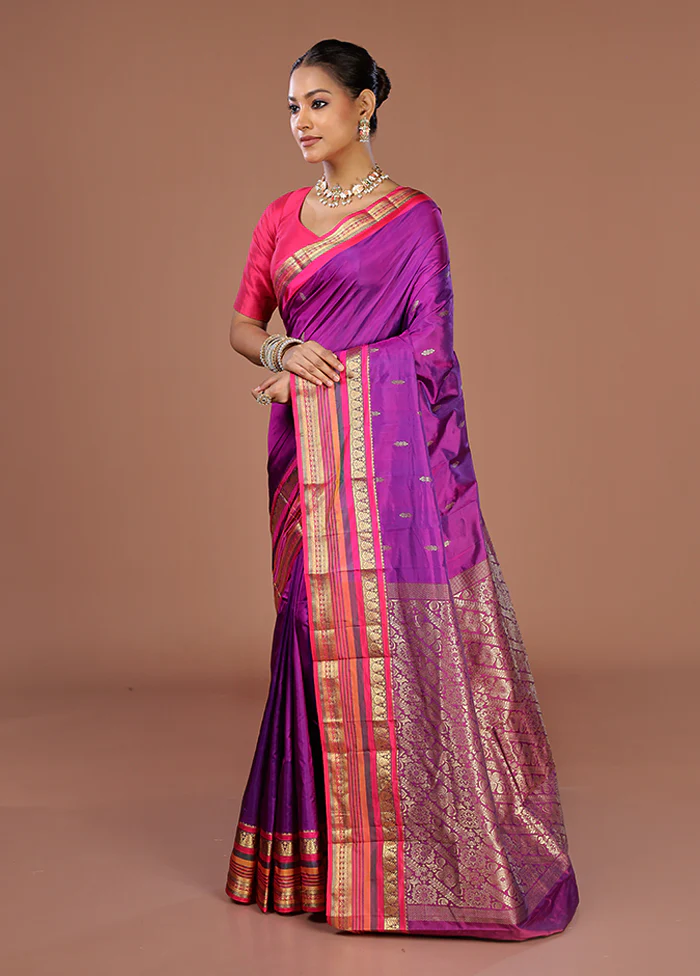 Purple Kanjivaram Silk Saree With Blouse Piece - Image 4