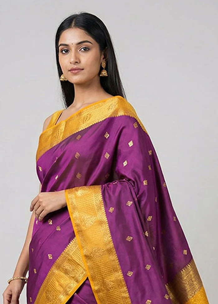 Purple Kanjivaram Silk Saree With Blouse Piece - Image 2