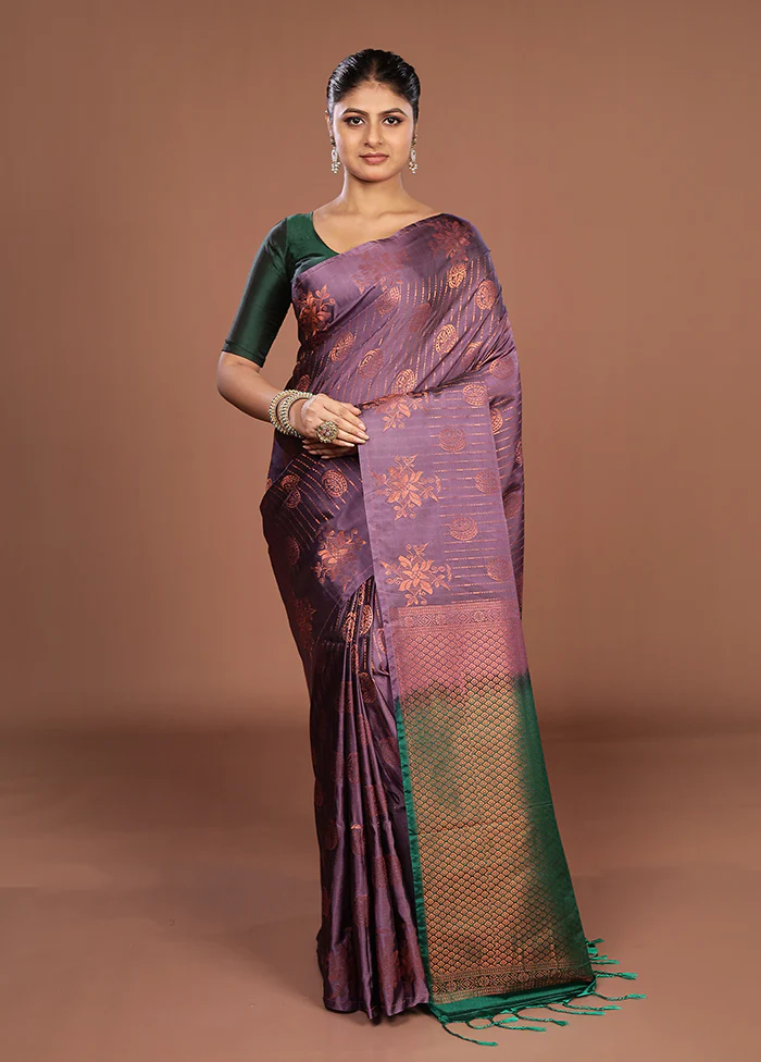 Purple Kanjivaram Silk Saree With Blouse Piece - Image 2