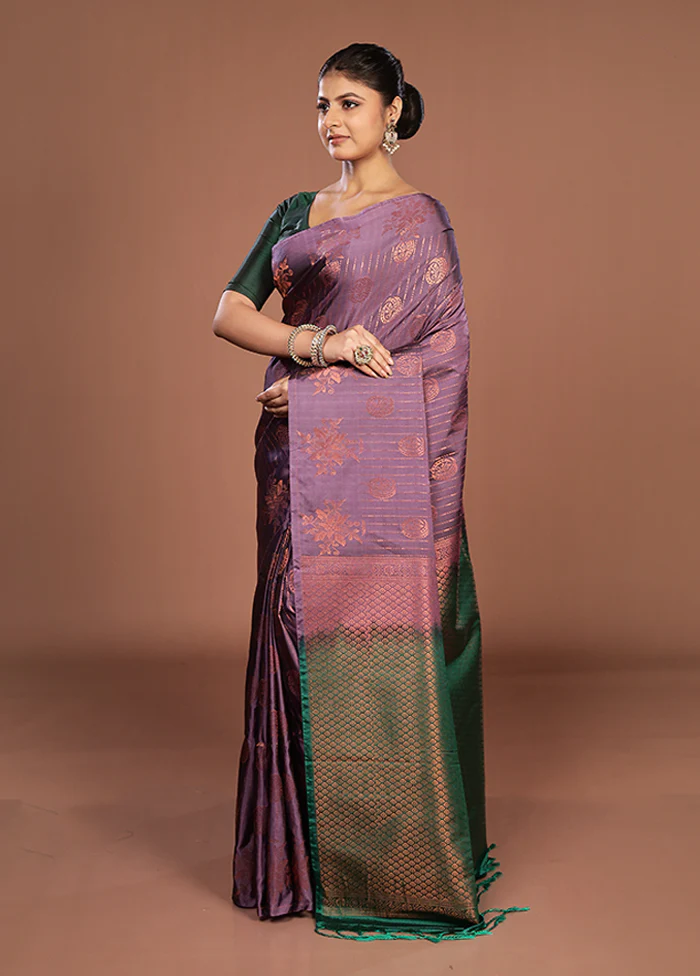 Purple Kanjivaram Silk Saree With Blouse Piece - Image 4