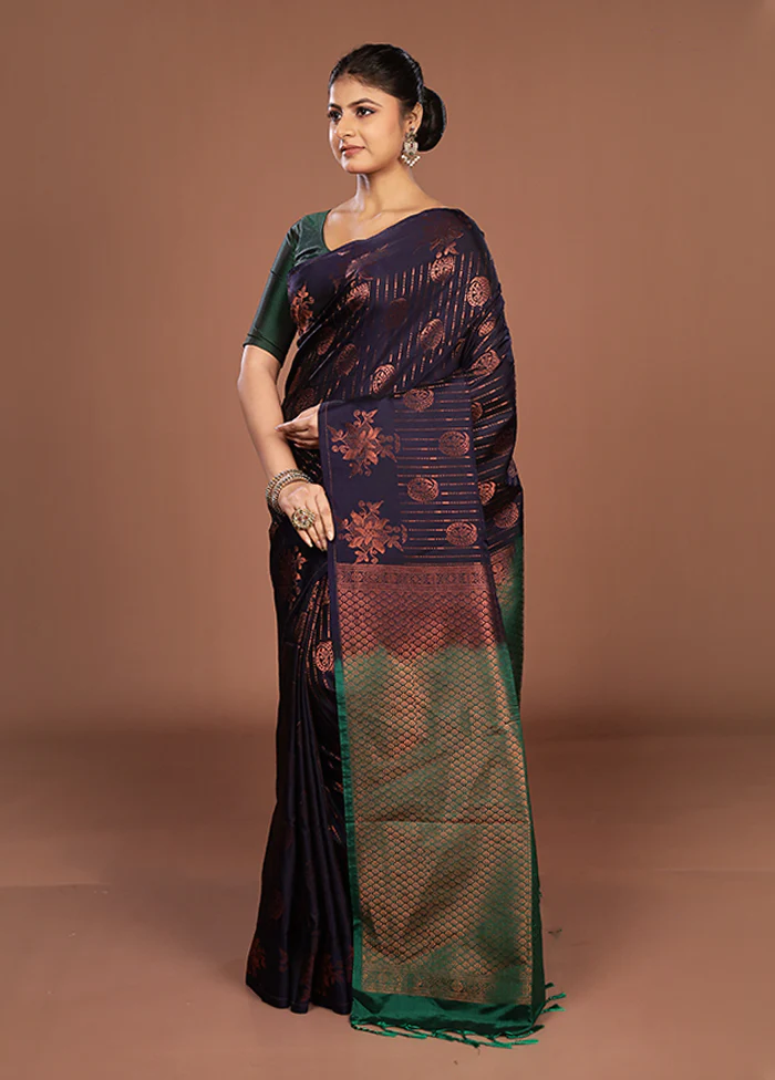 Blue Kanjivaram Silk Saree With Blouse Piece - Image 4