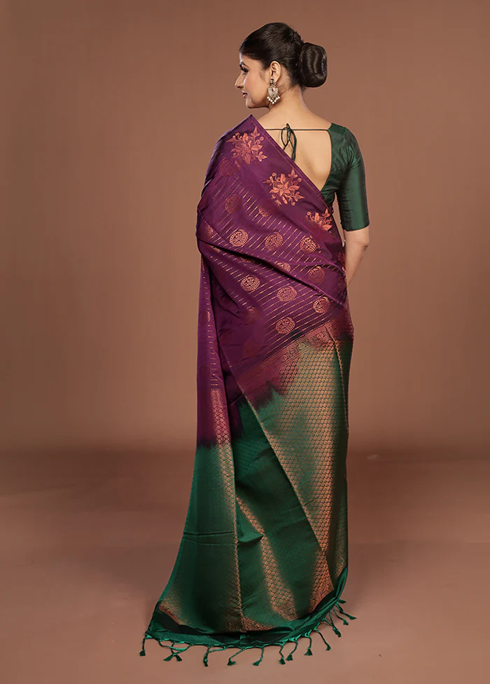 Purple Kanjivaram Silk Saree With Blouse Piece - Image 3