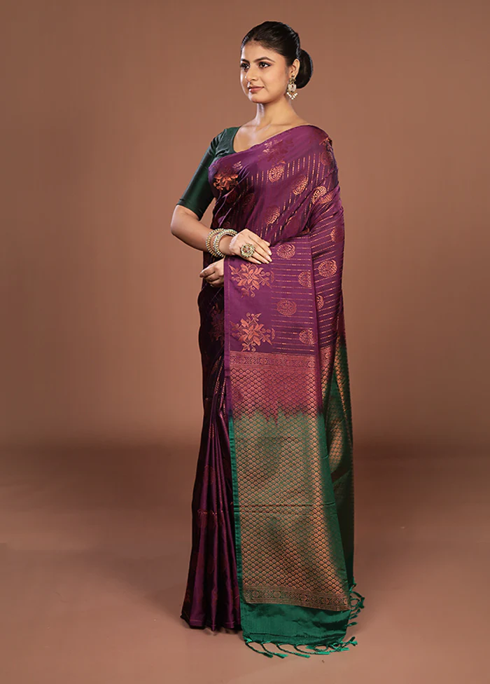 Purple Kanjivaram Silk Saree With Blouse Piece - Image 4