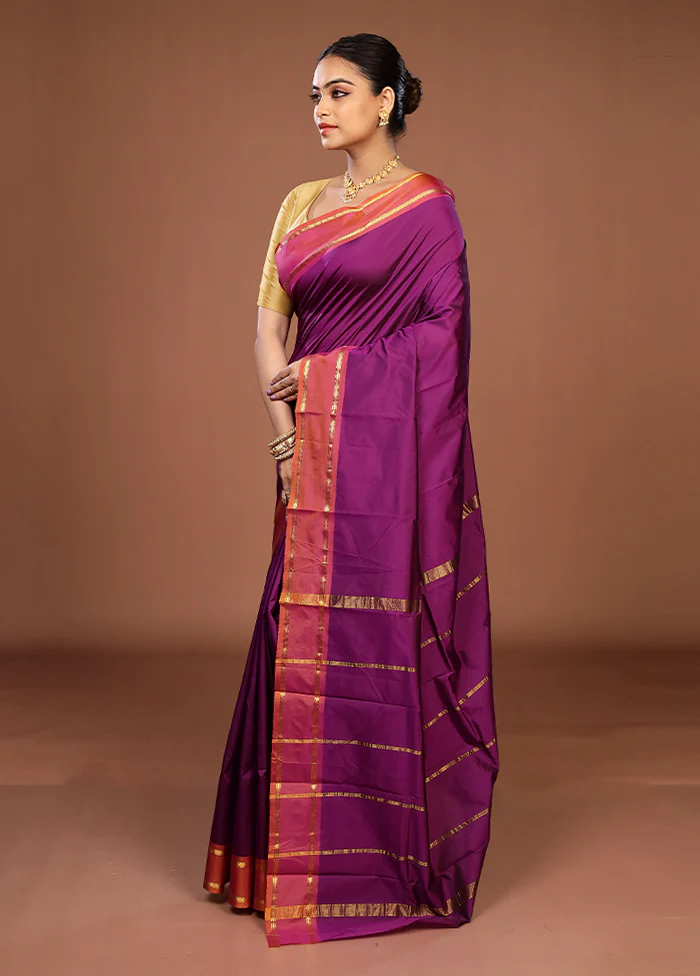 Purple Kanjivaram Silk Saree With Blouse Piece - Image 4