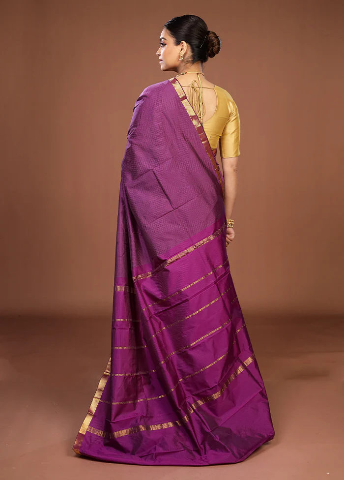 Purple Kanjivaram Silk Saree With Blouse Piece - Image 3
