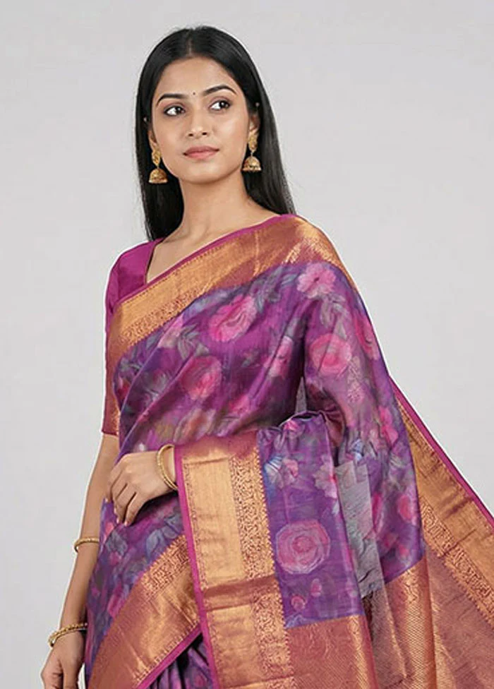 Purple Kanjivaram Silk Saree With Blouse Piece - Image 2
