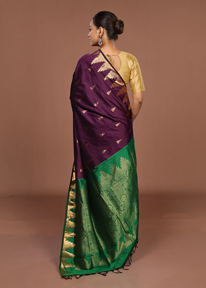 Purple Kanjivaram Silk Saree With Blouse Piece - Image 3