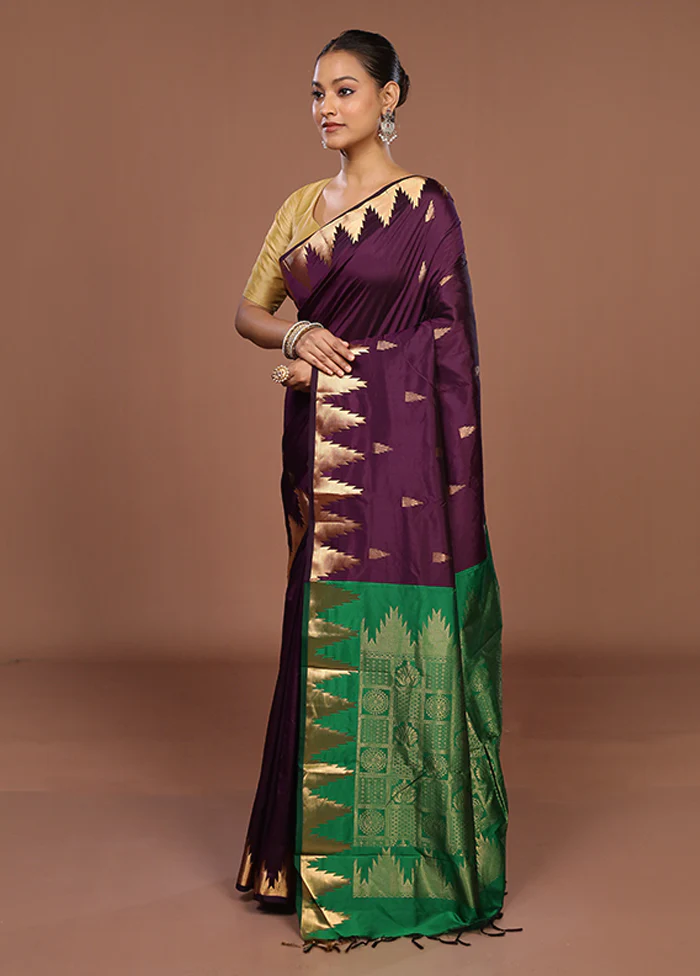 Purple Kanjivaram Silk Saree With Blouse Piece - Image 4