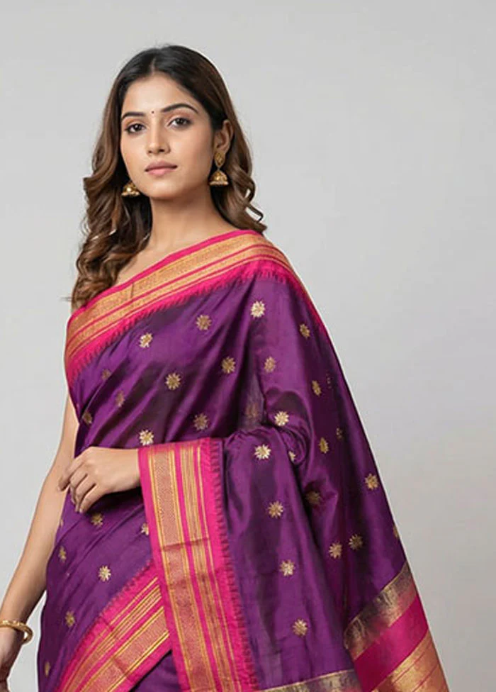 Purple Kanjivaram Silk Saree With Blouse Piece - Image 2