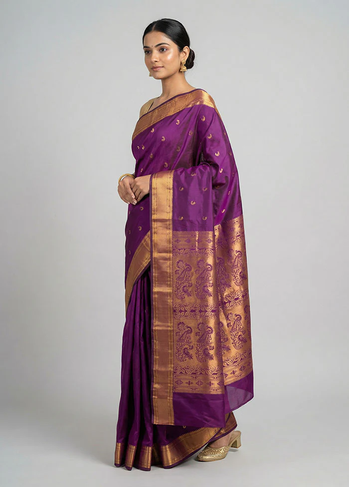 Purple Kanjivaram Silk Saree With Blouse Piece