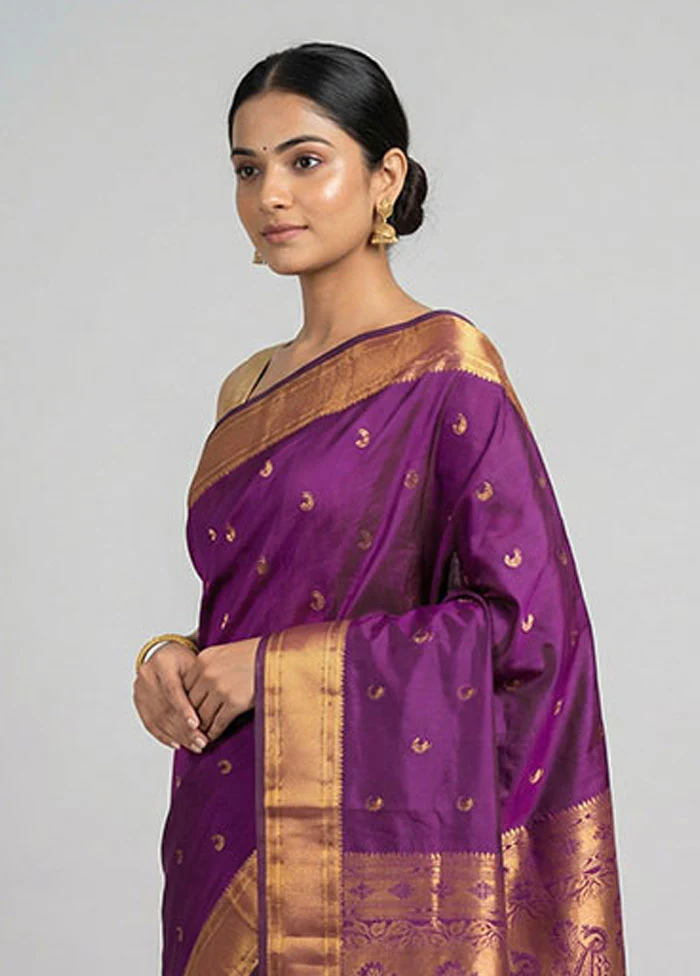 Purple Kanjivaram Silk Saree With Blouse Piece - Image 2