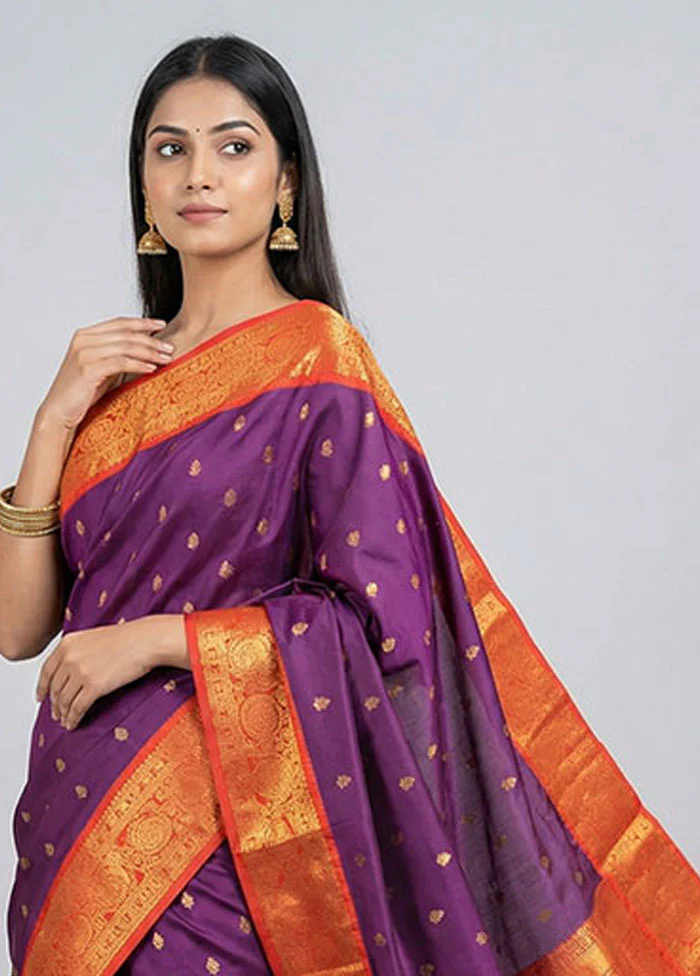 Purple Kanjivaram Silk Saree With Blouse Piece - Image 2