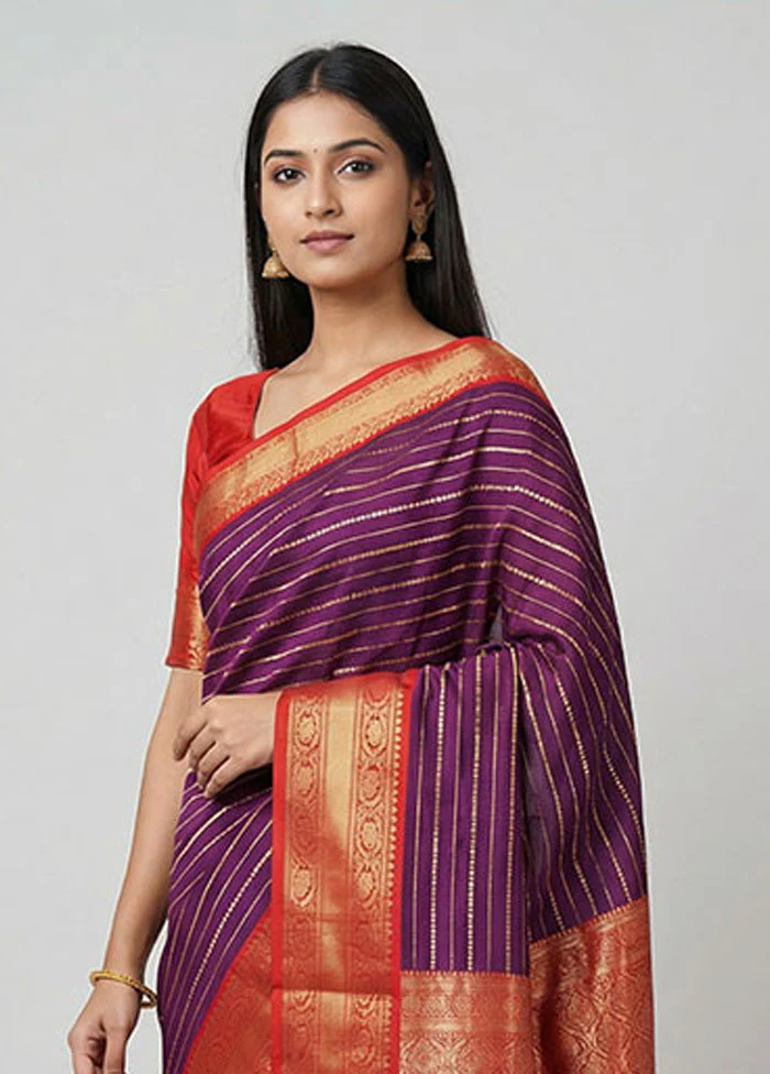 Purple Kanjivaram Silk Saree With Blouse Piece - Image 2