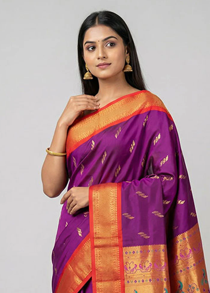 Purple Kanjivaram Silk Saree With Blouse Piece - Image 2