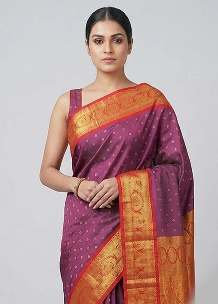 Purple Kanjivaram Silk Saree With Blouse Piece - Image 2