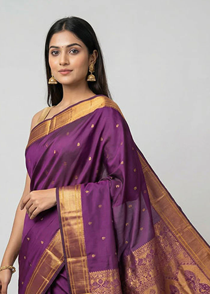 Purple Kanjivaram Silk Saree With Blouse Piece - Image 2