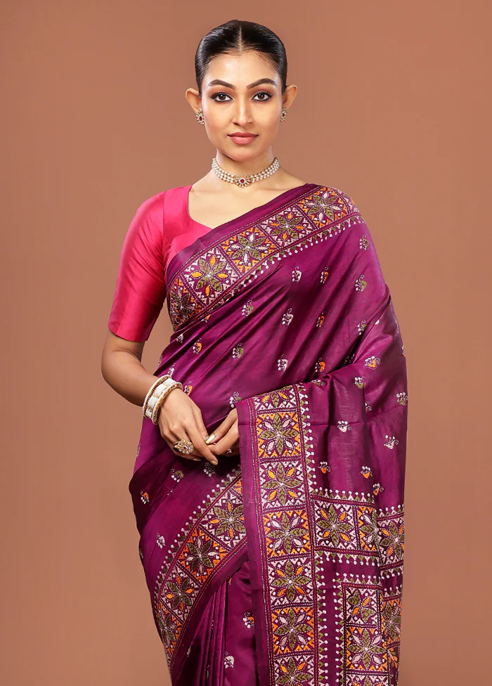 Purple Kantha Stitch Pure Silk Saree With Blouse Piece