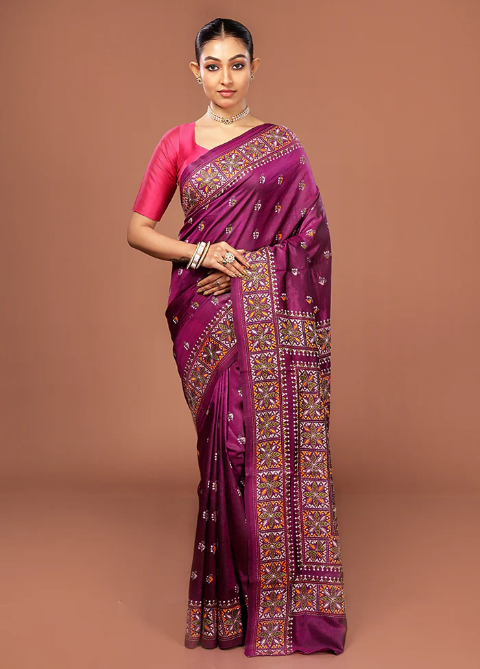 Purple Kantha Stitch Pure Silk Saree With Blouse Piece - Image 2