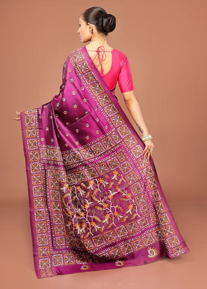 Purple Kantha Stitch Pure Silk Saree With Blouse Piece - Image 3