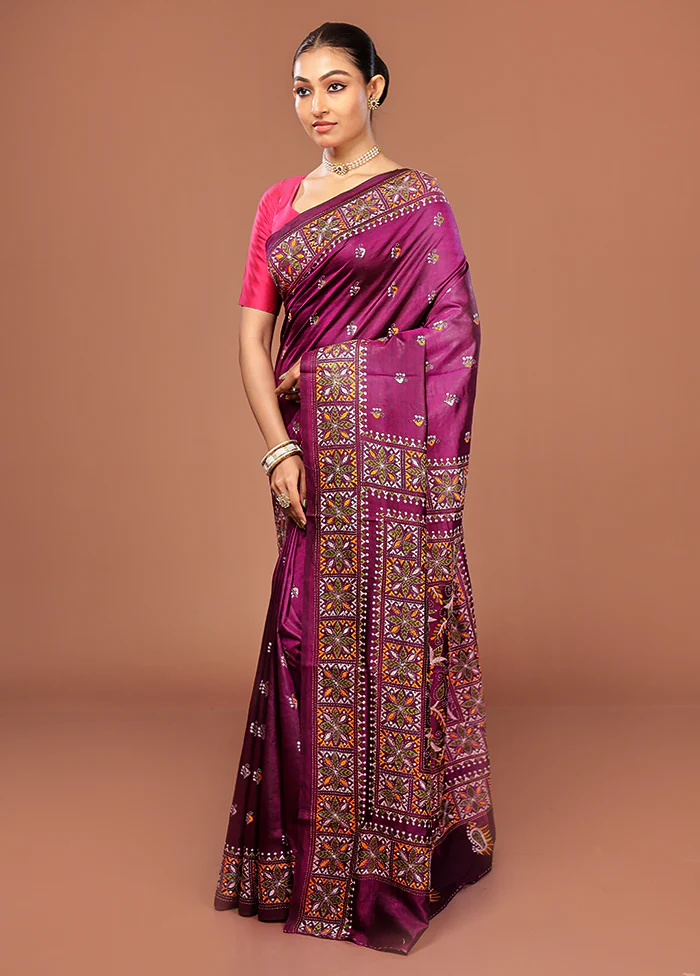 Purple Kantha Stitch Pure Silk Saree With Blouse Piece - Image 4