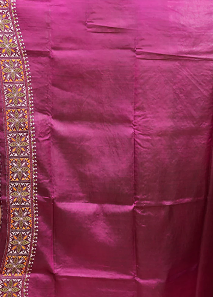 Purple Kantha Stitch Pure Silk Saree With Blouse Piece - Image 5