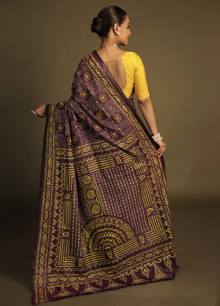 Purple Kantha Stitch Silk Saree With Blouse Piece - Image 3