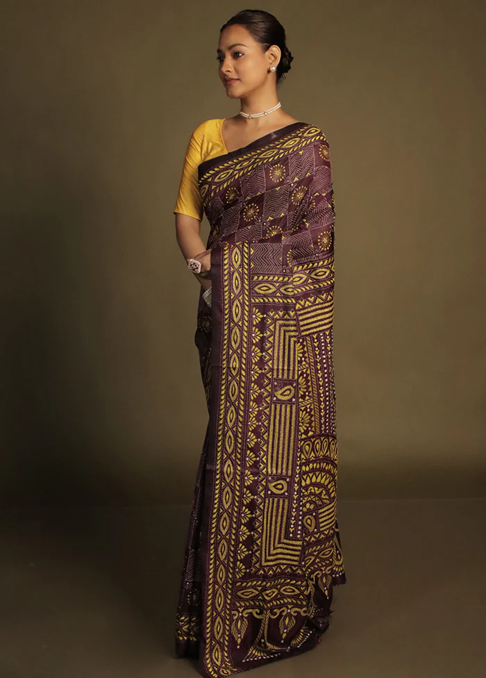 Purple Kantha Stitch Silk Saree With Blouse Piece - Image 4