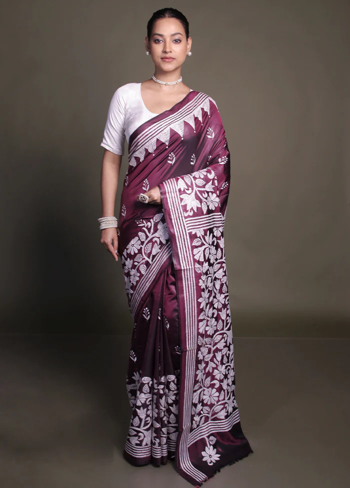 Purple Kantha Stitch Silk Saree With Blouse Piece