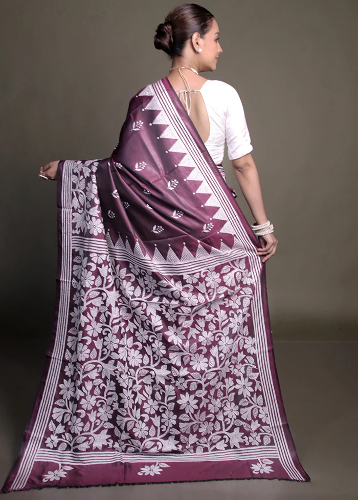 Purple Kantha Stitch Silk Saree With Blouse Piece - Image 3