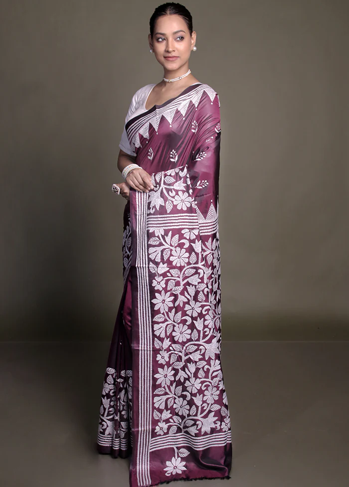 Purple Kantha Stitch Silk Saree With Blouse Piece - Image 4
