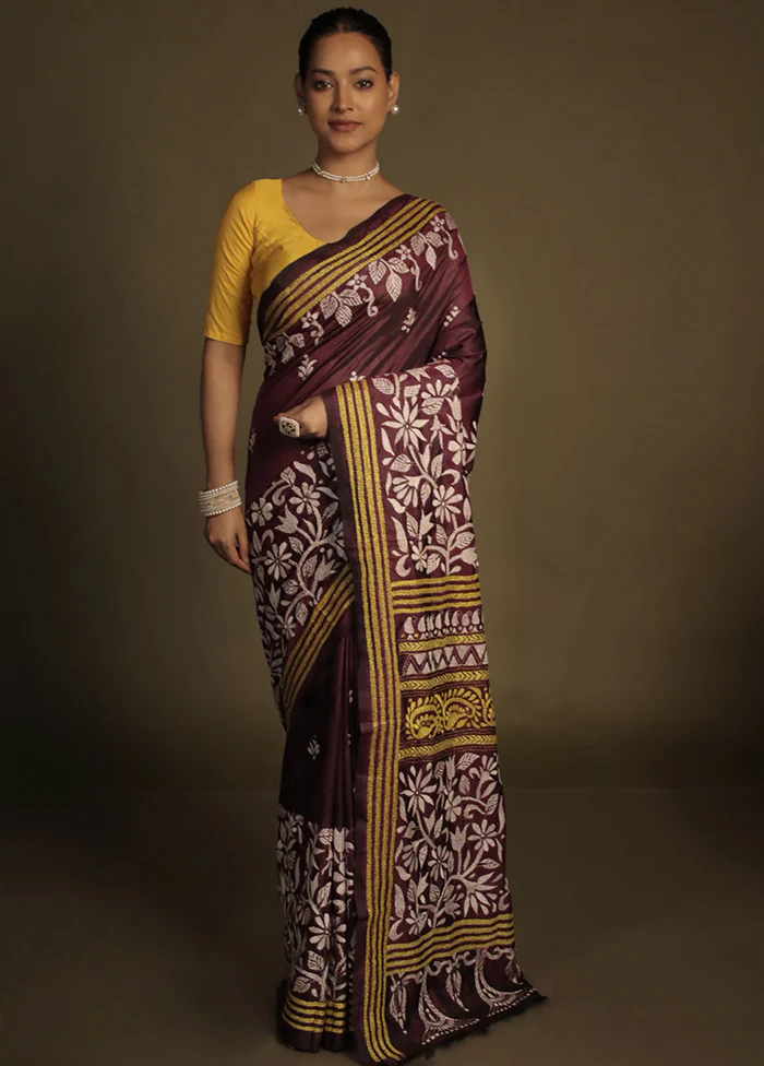 Purple Kantha Stitch Silk Saree With Blouse Piece