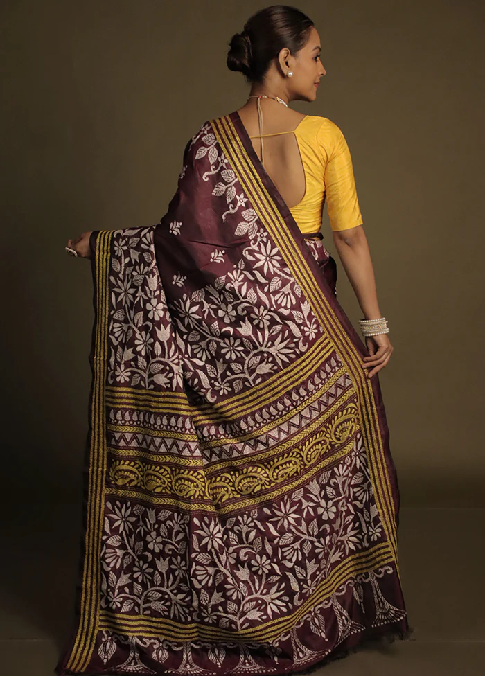 Purple Kantha Stitch Silk Saree With Blouse Piece - Image 3