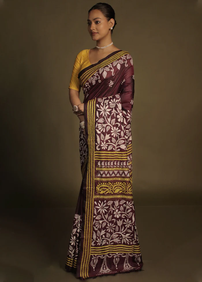 Purple Kantha Stitch Silk Saree With Blouse Piece - Image 4
