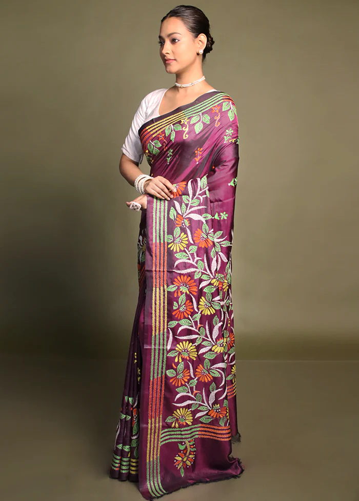 Purple Kantha Stitch Silk Saree With Blouse Piece - Image 4