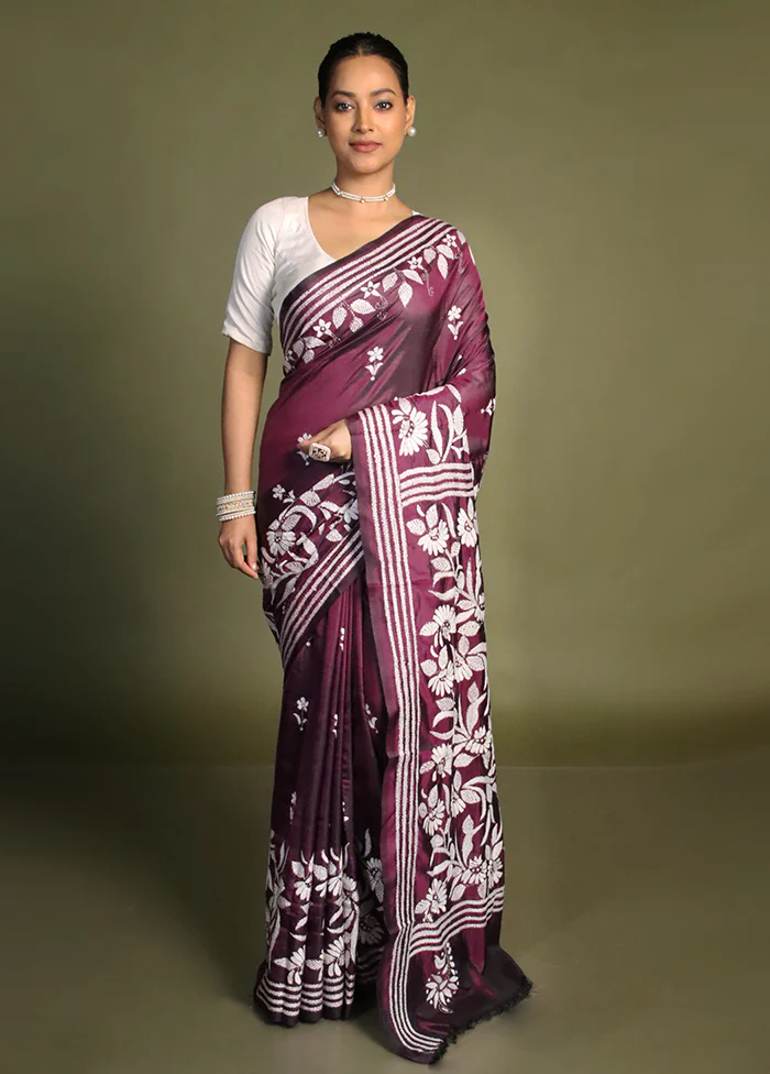 Purple Kantha Stitch Silk Saree With Blouse Piece