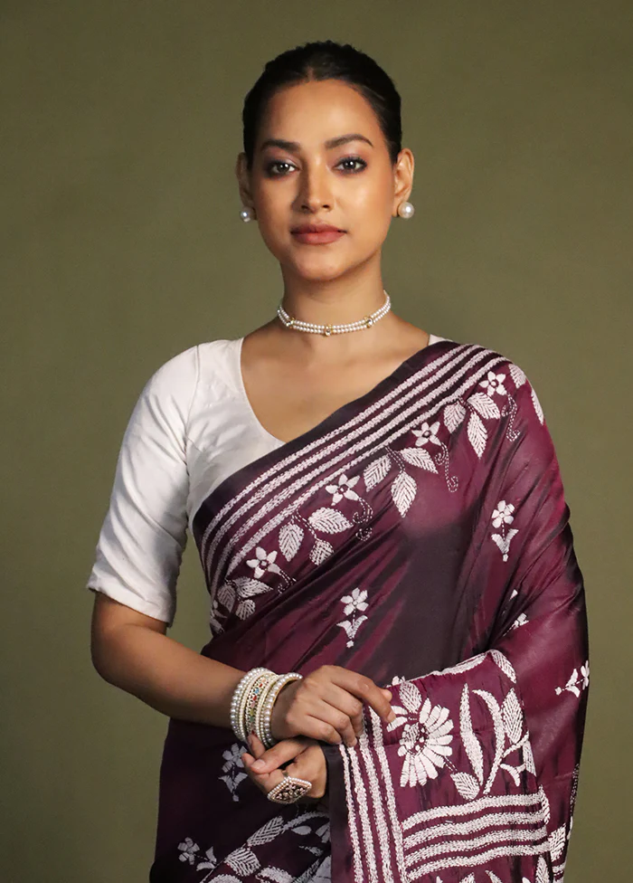 Purple Kantha Stitch Silk Saree With Blouse Piece - Image 2