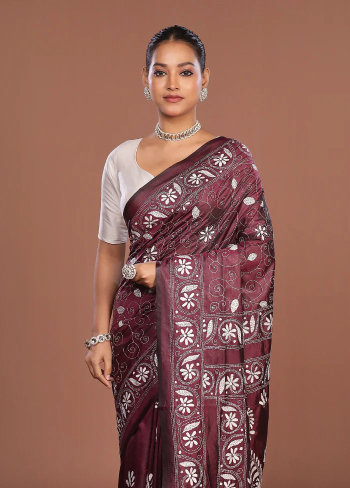 Purple Kantha Stitch Silk Saree With Blouse Piece