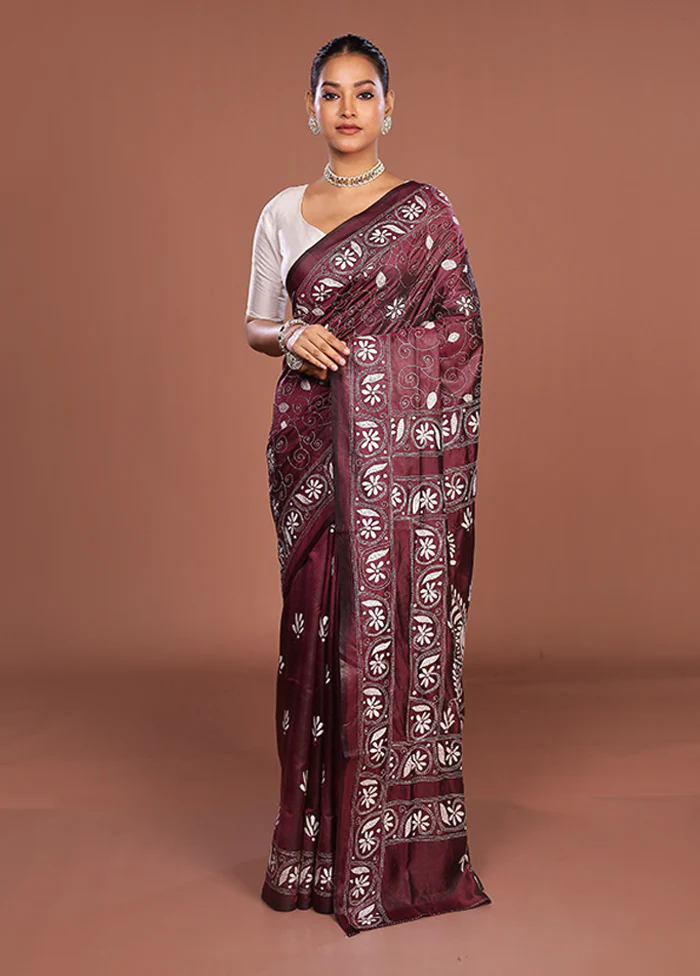 Purple Kantha Stitch Silk Saree With Blouse Piece - Image 2