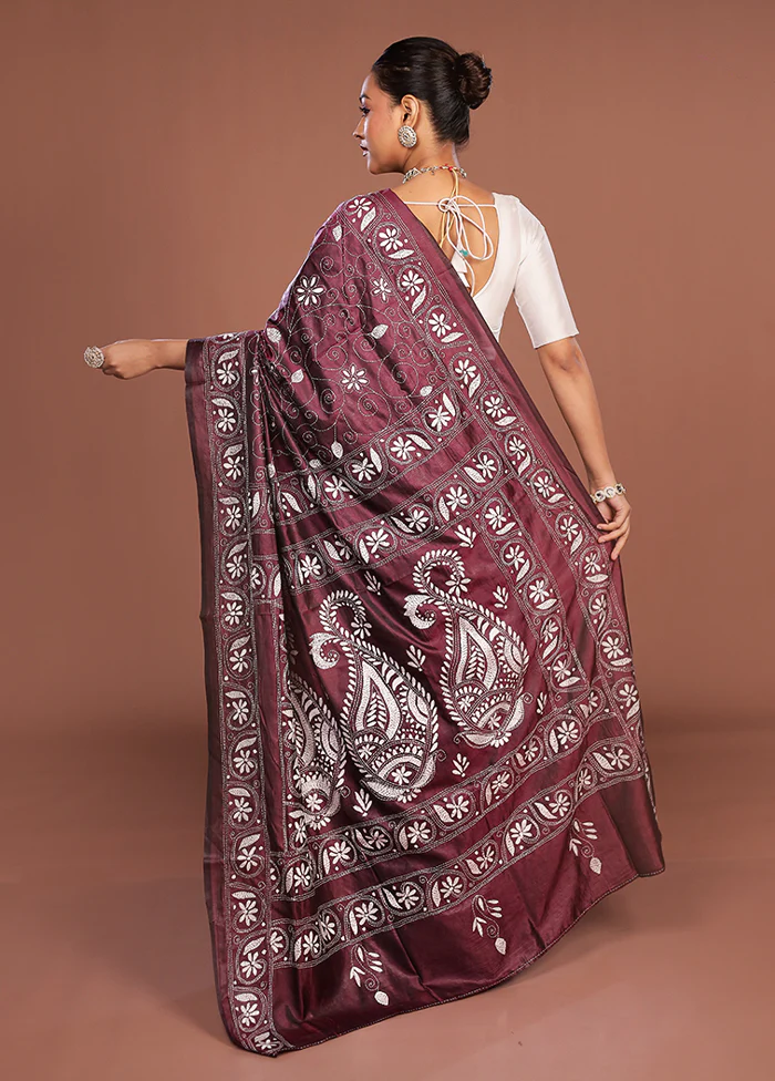 Purple Kantha Stitch Silk Saree With Blouse Piece - Image 3