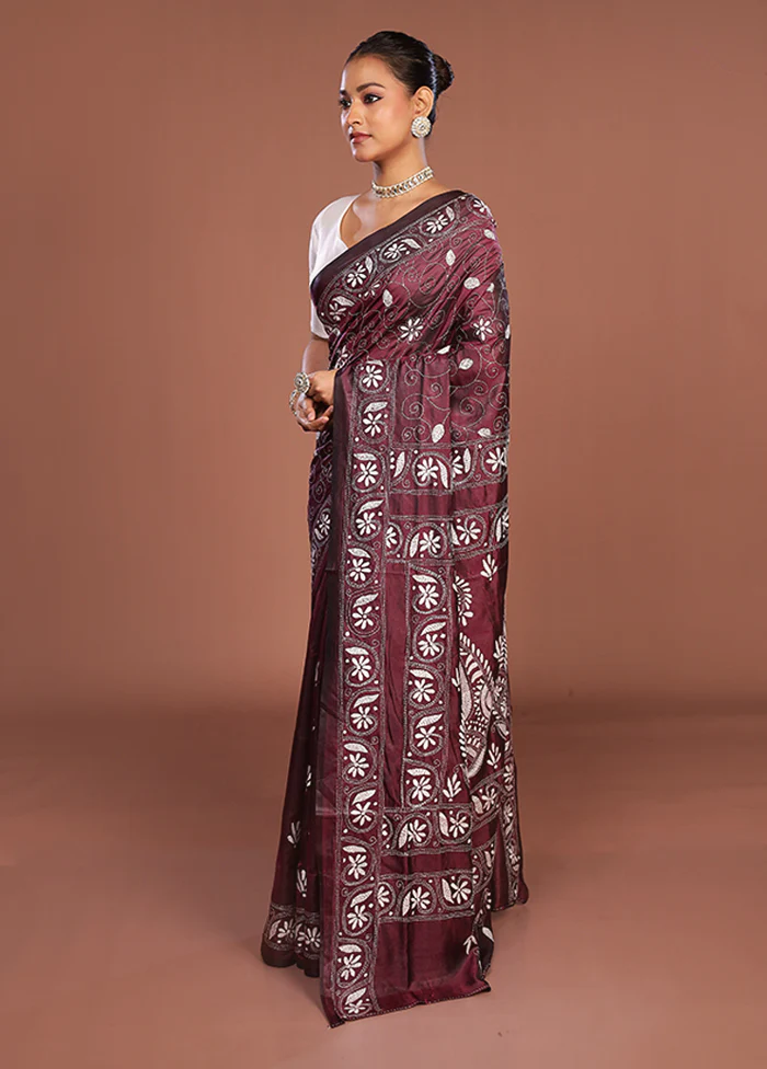 Purple Kantha Stitch Silk Saree With Blouse Piece - Image 4