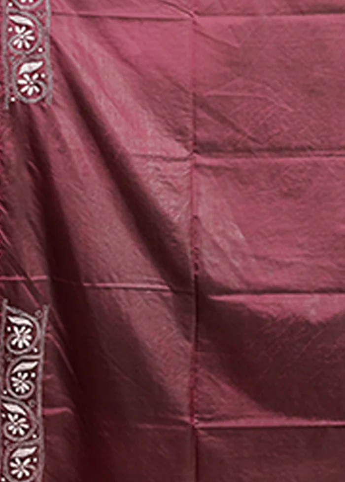 Purple Kantha Stitch Silk Saree With Blouse Piece - Image 5