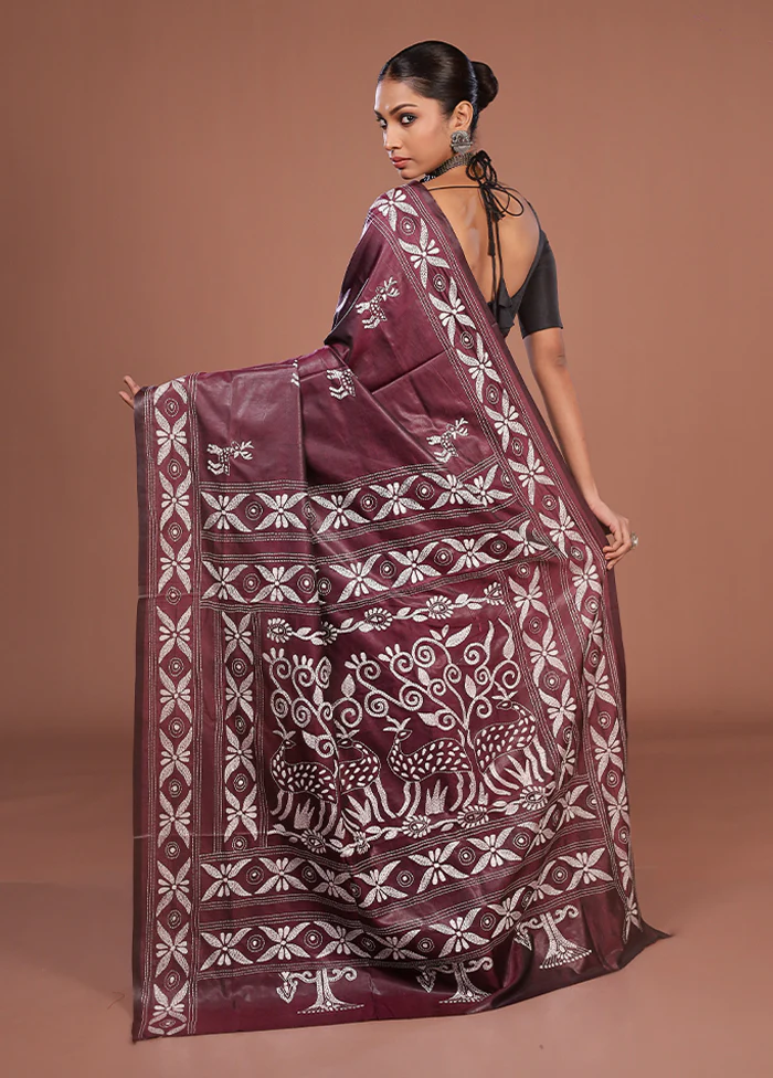 Purple Kantha Stitch Silk Saree With Blouse Piece - Image 3