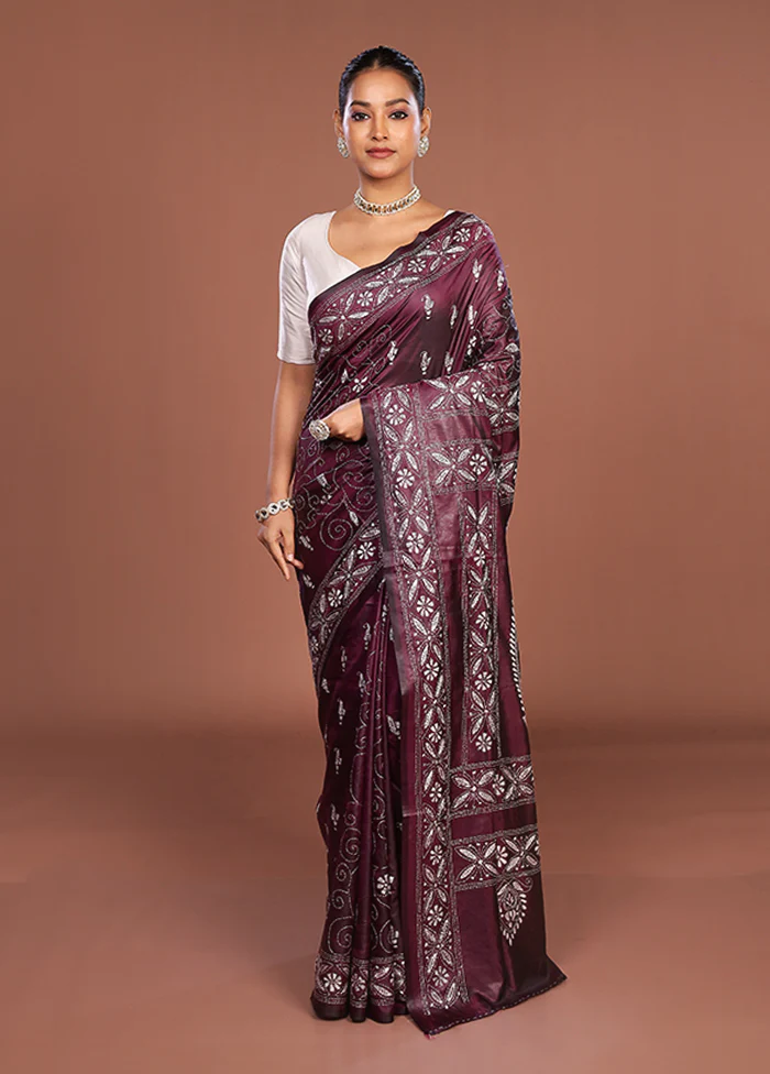 Purple Kantha Stitch Silk Saree With Blouse Piece - Image 2