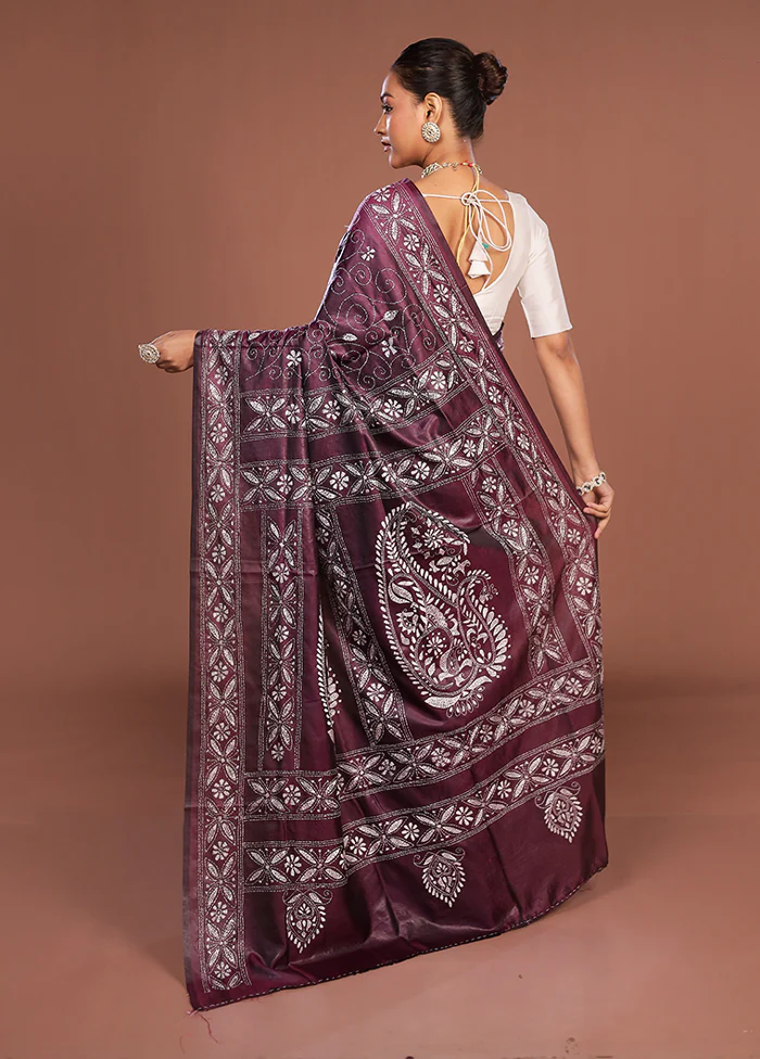 Purple Kantha Stitch Silk Saree With Blouse Piece - Image 3