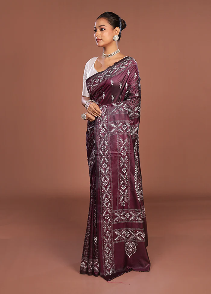 Purple Kantha Stitch Silk Saree With Blouse Piece - Image 4