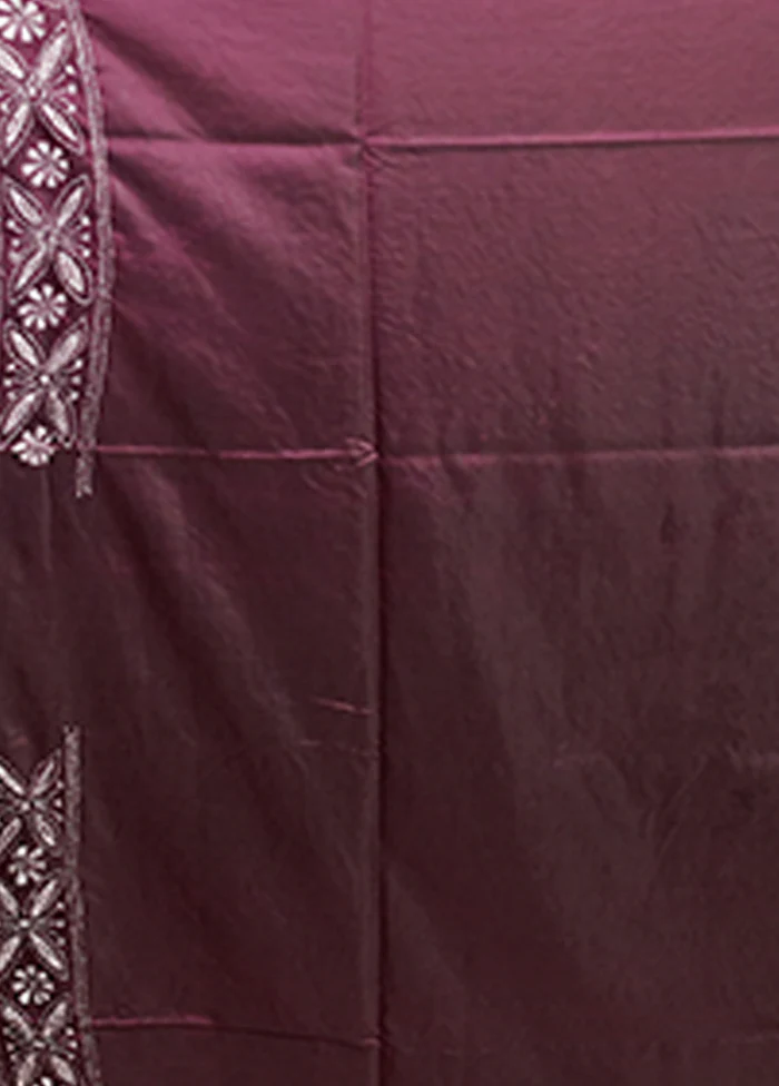 Purple Kantha Stitch Silk Saree With Blouse Piece - Image 5